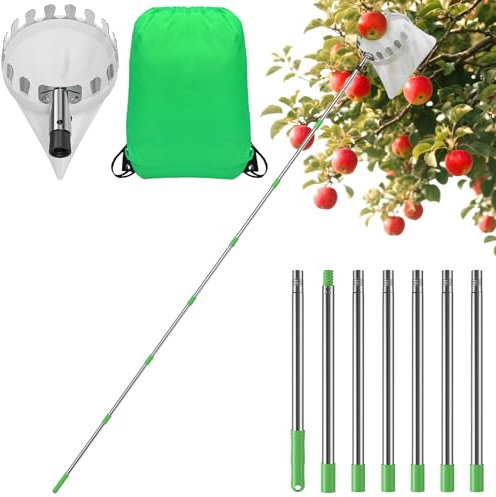 Vegamall Raccoglitore per frutta con asta telescopica, 2,8 m, facile da montare, con pali di collegamento leggeri in acciaio inossidabile e sacchetto in tessuto