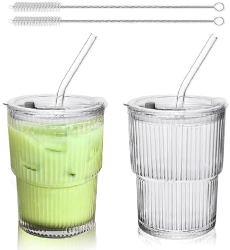 2 Stück Glasbecher Trinkbecher Mit Deckel Und Strohhalm, 400ml Eiskaffee Gläser Wassergläser Kaffeebecher, Luftdicht Wasserdicht Design Trinkglas Glasbecher Set Für Tee, EIS, Milch, Saft (Stil A)