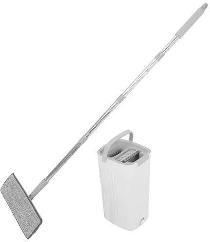 minkissy Trapeador con Balde Plano Blanco Sistema De Limpieza Seco y Húmedo para Suelos y Paredes Cubo para Fregar con Escurridor y Almohadillas Lavables