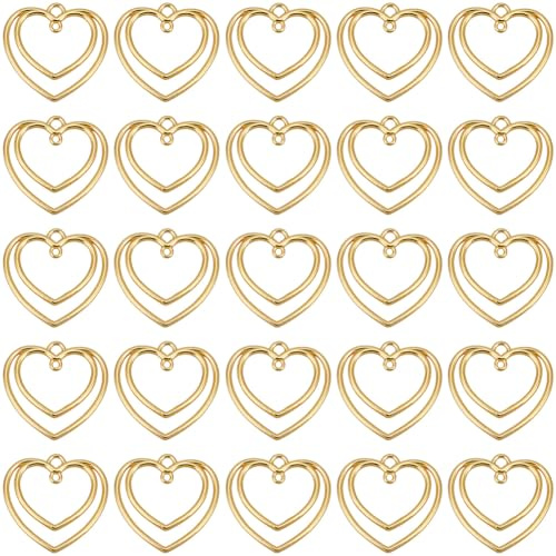 SUNNYCLUE 1 Box 50Pcs Double Heart Bezel Charm Gold Heart Connector Charms Alloy Love Pressed Flower Blank Frame Hollow Pendants Links for Jewellery Making Finding Earrings Necklaces Bracelets Crafts