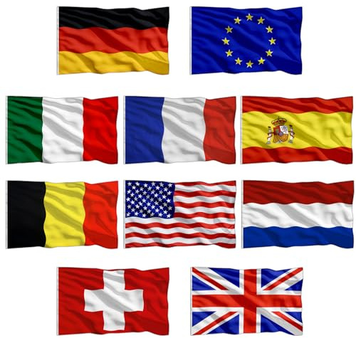 10 Stück Nationalflagge Set 150x90 cm – Flagge mit Metallösen – Fahne Deutschland EU Italien Spanien Frankreich USA UK Schweiz Belgien Niederlande für Hotels, Resorts & Outdoor