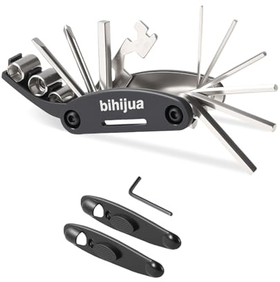 bihijua Bike Multitool 16-in-1, Bicycle Multitool, Bike Tool Kit w/Hex, Socket, Spoke Wrench + Attached 2 Tire Levers for Road Mountain Cycling Repair