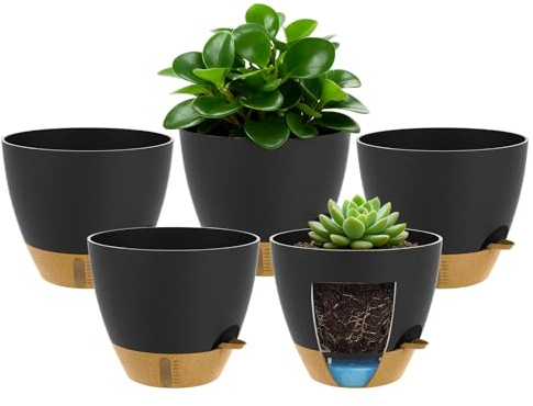 Tel Charme * 15cm Self Watering Plant Pots Indoor - 5Pack Self Watering Planters with Drainage Holes and Saucers, Flower Pots, Nursery Planting Pot, Decorative Flower Pots Indoor Outdoor Use, Black