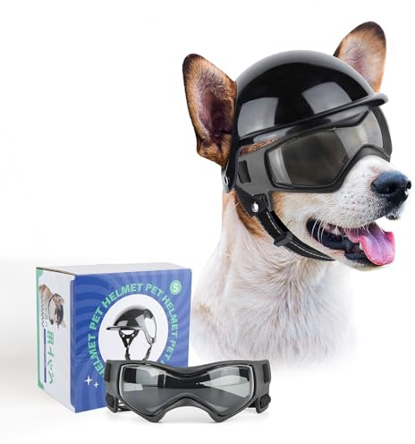 PETLESO Set di occhiali per cani con casco per razze piccole, casco e occhiali per cani per guida all'aperto, camminate, nero