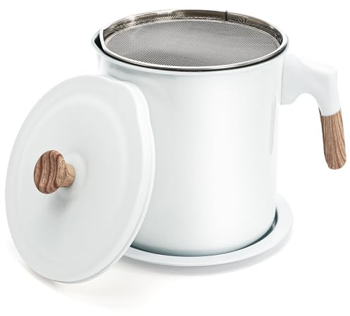 Lyellfe White Bacon Grease Container with Strainer, 1.4L/48 Oz | Stainless Steel Filter Cooking Oil Can, Grease Saver with Removable Coaster Tray Handle for Kitchen Frying Fat Oil