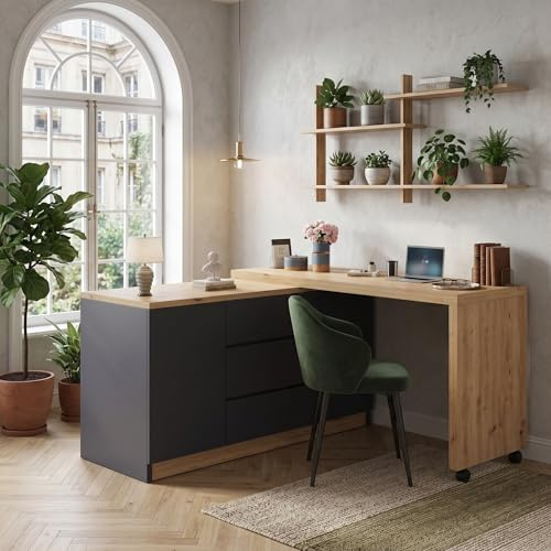 Ligterra Scrivania pieghevole, scrivania con cassetti, scrivania ad angolo, credenza, con ruote bloccabili, tavolo girevole, bloccabile, 120 x 50 x 76,5 cm (grigio+rovere)