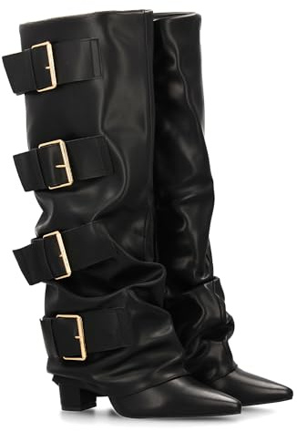 96215 Botas Altas para Mujer con Hebillas y Efecto de Forro. Punta Fina y Tacon Comodo, Estilo Moderno y Elegante, Ideal para la Temporada Otono Invierno. Negro Talla 37
