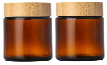 Lot de 2 bocaux en verre ambré rechargeables de 100 ml avec couvercles en plastique grain de bois pour lotion, crème, soins de la peau