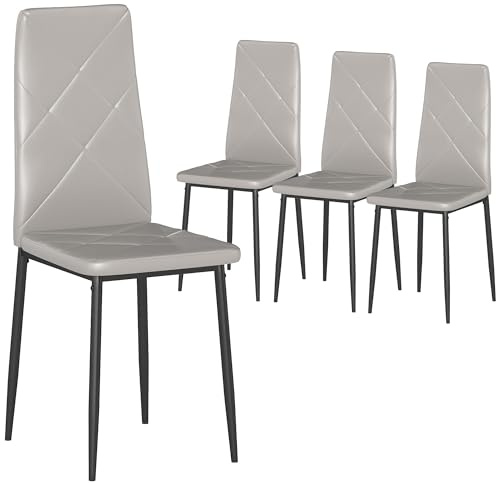 HOMCOM Set di 4 Sedie Sala da Pranzo in Finta Pelle Schienale Alto Grigio | Schienale Alto con Cuciture a Diamante, Gambe in Acciaio, Sedia Moderne, Camera da Letto, Ufficio, Soggiorno