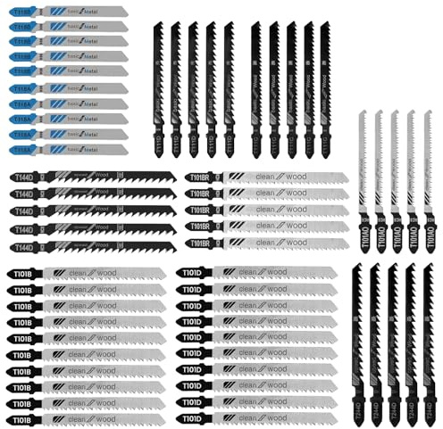 Exsink Lames de Scie Sauteuse HCS 60 Pièces, Kit Accessoires Professionnel avec Emmanchement T pour Couper Bois Plastique Métal Fin, 10 Modèles de Lames Inclus dans Boîte de Rangement Plastique