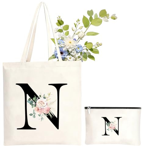 NHTJTHE Initialen Baumwolltasche personalisiert, Canvas Einkaufstasche mit Reißverschluss und dazu passende Kosmetiktasche,Besondere Geschenkidee für Frauen, Mama, Freundin zu Allen Festtagen