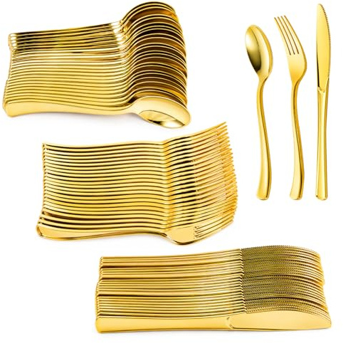 YORKING Gold Plastic Cutlery Set One-Time Use Plastic Forks Knives Spoons Bulk Party Tableware Elegant Party Supplies for Wedding Birthday Dinner Christmas Event (180Pcs Gold)