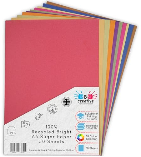 Be Creative A3 återvunnet sockerpapper ljusa färger 50 stora ark i 10 blandade färger, bra för barnkonst och hantverk, ritning, målning och scrapbooking. 42 x 30 cm arkstorlek