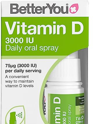 BetterYou Vitamin D 3000 IU Oral Spray, Fast Acting Vitamin D3 Supplement, Supports Bones, Teeth and a Healthy Immune System, 3-Month Supply, Natural Peppermint Flavour, Made in The UK