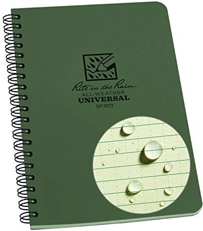 Rite In The Rain Waterproof Paper Side Spiral Notepad Green Polydura Cover 64 Pages 12 Sheets Imperial and Metric Rulers, 4 ⅝ x 7- Inch