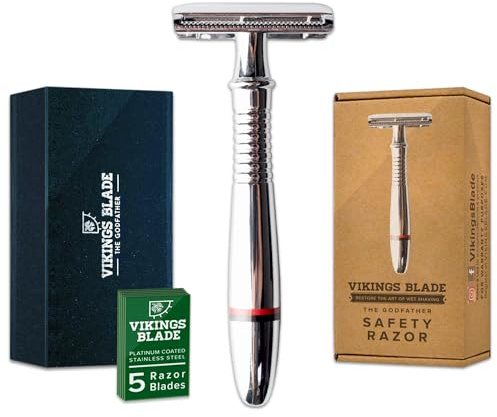 VIKINGS BLADE Double Edge Safety Razor for Men + 5 Swedish Steel Blades + Luxury Case. Classic 3-Piece. Reusable, Eco-Friendly (The Godfather)