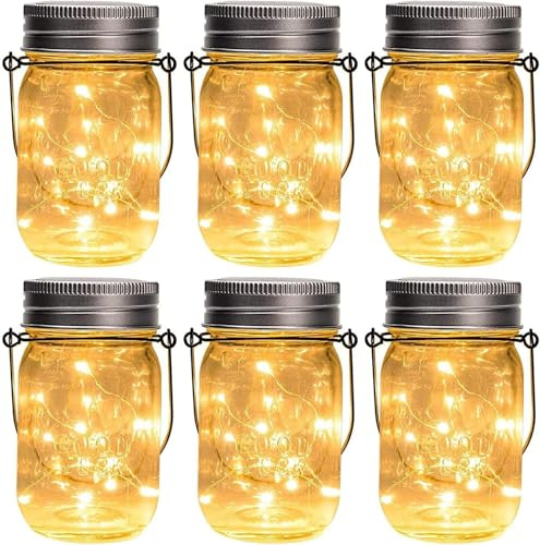 GIGALUMI Hanging Mason Jar Solar Lights, 6 Pack 30 Led Hanging Solar Lanterns Outdoor Waterproof, Hangers and Jars Included, Outdoor Decor for Balcony, Garden, Patio, Yard, Wedding