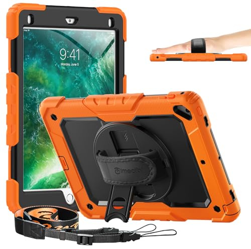 Timecity Hülle für iPad Air 2 iPad 6. / 5. Generation iPad Pro 9,7 2018/2017 Stoßfeste Schutzhülle mit Displayschutz 360°-drehbare-Ständer Stifthalter Handschlaufe Schulterrgurt Outdoor - Orange