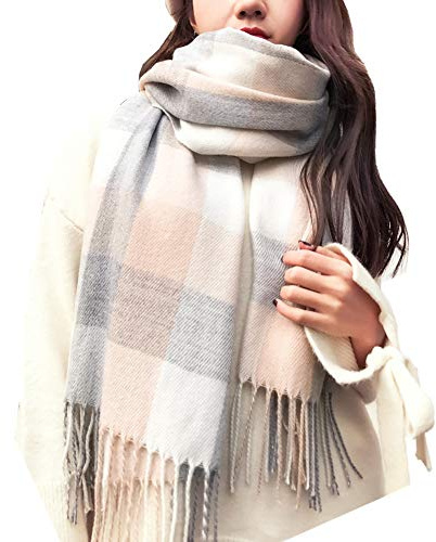 Mocasor Plaid Blanket Scarves for Women, Ladies Fashion Winter Warm Tartan Oversized Long Checked Shawls and Wraps (Beige Grey White)