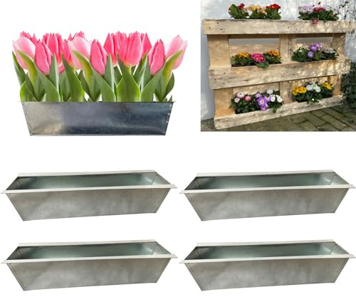 Hossi's Wholesale 4er Set Zink Paletten Blumenkästen - Einsatz 38cm groß Silber - aus Metall verzinkt - Zinkkasten Pflanzkasten Balkonkasten Blumentopf für Europaletten