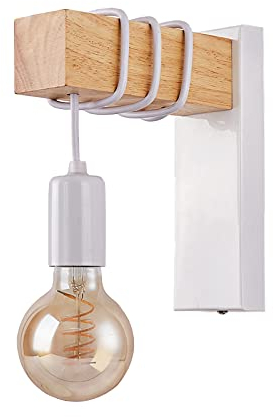 Lampada da Parete Moderno E27 in Metallo e Legno - Illuminazione da Parete per Interni, Soggiorno, Camera da Letto (Bianco)