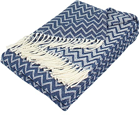 Moon Couverture de Luxe en Coton - Environ 150 x 200 cm - Motif Zig-zag - Couvre-lit avec Franges - Léger et Confortable - Blanc/Bleu