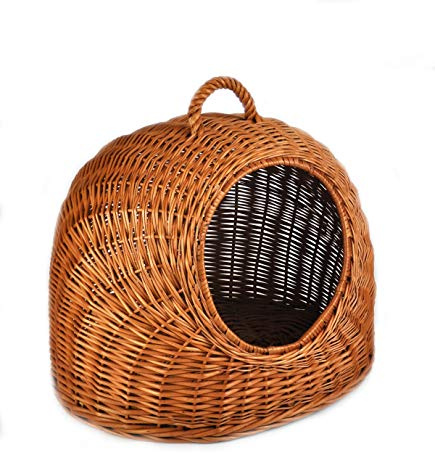 MyBer® Katzen Häuschen Liege Katzenkorb Katzenhöhle Weidenkorb Transport Box Korb aus Weide mit Kissen geflochten K5-081-SBWK