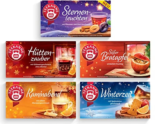 Teekanne Wintertee 5er Pack, Sternenleuchten, Hüttenzauber, Süßer Bratapfel, Kaminabend und Winterzeit, je 20 Teebeutel (240 g) | mit Sternenleuchten, Hüttenzauber, Süßer Bratapfel, Kaminabend und Winterzeit