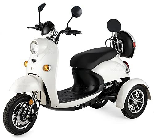 VELECO ZT63 - Mobilitätsroller mit 3 Rädern – komplett montiert und fahrbereit – Design im italienischen Stil – hohe Ladekapazität – bequemer Sitz - Dreirad (WEIß)