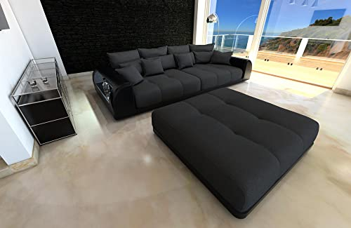 Big Sofa Miami Mikrofaser mit USB Anschluss und LED-Beleuchtung wahlweise mit Hocker/Leder/Zierkissen (mit kleinen Hocker, Schwarz-M8)