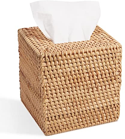 Livelab Rattan Tissue Box Cover, Square Hand Woven Natural Wicker Tissue Box Holder, Decorative Facial Napkin Holder Tissue Box Organizer Dispenser | Natural
