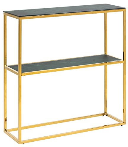 AC Design Furniture Antje rechteckiger Konsolentisch mit 1 Ablage, Tischplatte in grüner Marmoroptik mit goldenem Metallfuß, Tischplatte aus Glas, moderne Konsole für Wohnzimmer, Flurmöbel, 1 Stück, H: 80,5 x B: 79,5 x T: 26 cm