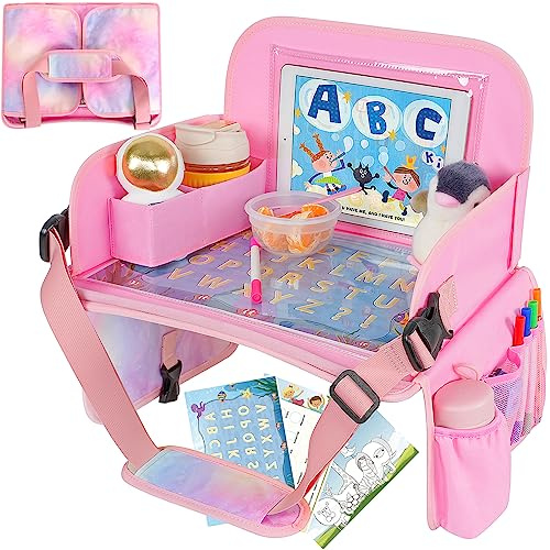 MENZOKE Plateau de voyage pour enfants, plateau de voiture pour enfants, plateau de voiture pour enfants avec planche à dessin éducative, support de tablette et porte-gobelet, table de voyage pour