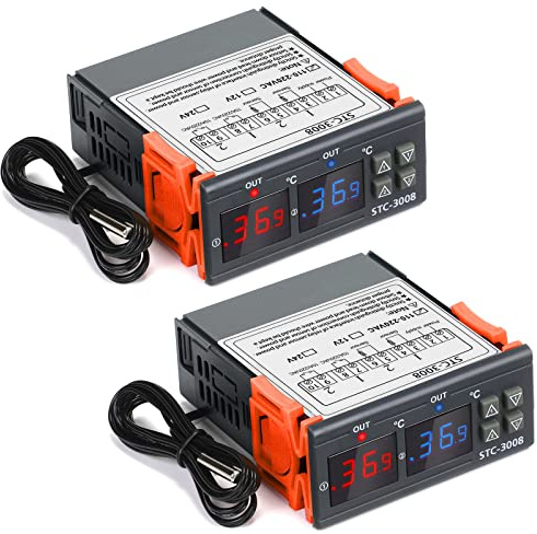 Fiada 2 Stück STC-3008 AC 110V-220V Digitaler Temperaturregler Celsius Thermostat Allgemein Digital Thermostat Temperaturwächter mit Sensor 2 Relaisausgang für Fermentation Heizung Kühlung