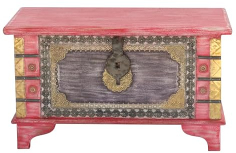 Oriental Galerie Shabby Chic Holztruhe mit Messingbeschlag Schatztruhe Truhe Kiste Box Holz Indien Massiv Antik-Optik Rot 80 cm