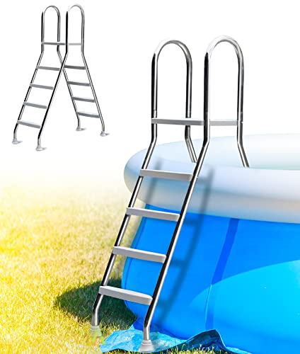 BOTOWI 4 Stufen-Poolleiter für Aufstellpool, doppelseitiges Pool-Einstiegssystem, Aufstellpool-Treppe, Belastung 250kg, Mehrzweck-Edelstahl-Pool-Stufenleiter mit rutschfestem, breitem Pedal