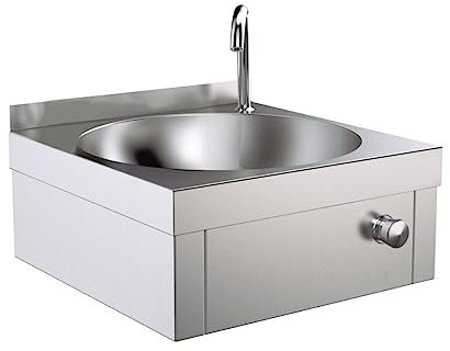 Lavamani da parete industriale MBH in acciaio inox - 350 x 315 mm e 400 x 400 mm con rubinetto girevole e pulsante. Ostelleria, ristorante, cucina. (400 x 400 mm)