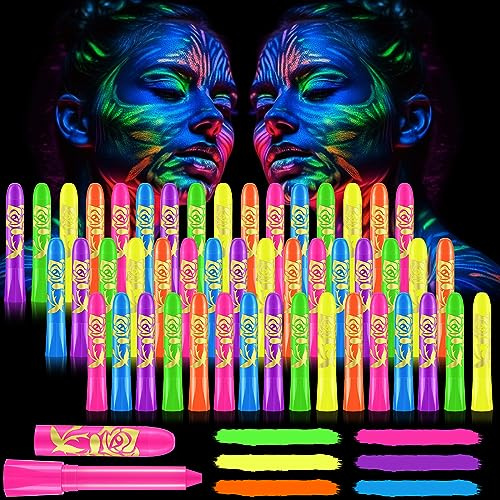 Tenceur 48 Pcs Glow in The Dark Face Body Paint Makeup, UV Crayon Black Light Fluorescent Body Face Painting Kit for Adult Birthday Party Halloween Makeup Outdoor, 6 Colors