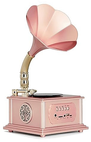BURLOE Nostalgie Gramophone Platine, Bois Bluetooth Musique Système Rétro Décoration Stéréo Radio Système MP3 avec USB Style Antique,Rose