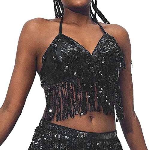 Pailletten Oberteil Damen Bauchtanz Top Kostüm Sexy Pailletten Crop Top Tanktops BH mit Festival Glitzer Fransen Quasten Ärmellos Shirt Glitzer Tanzkleidung für Karneval, Faschingskostüme