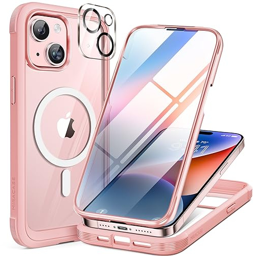 Miracase Magnetic for iPhone 15 Case 6.1, Full Body Protection, Pink | [Built-in 9H Tempered Glass Screen Protector + Camera Lens Protector] Compatible with MagSafe, Military Grade Drop Proof