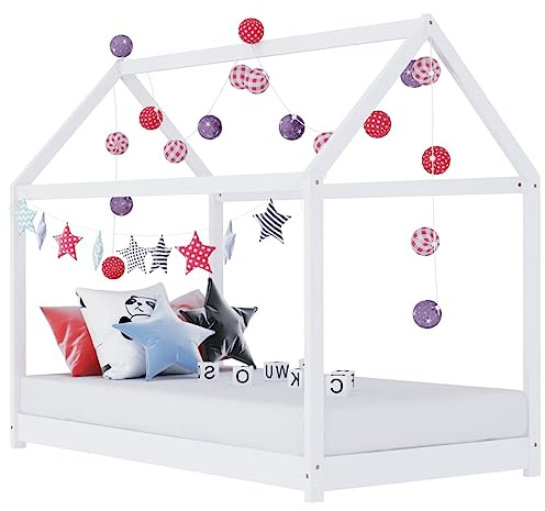 puraday Kinder-Bettgestell Weiß Massivholz Kiefer Hausbett 80x160 cm Bett Kinder Holzbett Hausbett Deko Toddler Bed für Kinder Baumhaus Design Kann Vorhänge Hängen Elegant und Praktisch