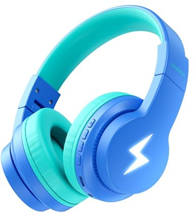 Seenda Kids Bluetooth Headphones, 3 Cool LED Lights Modes Kids Foldable Headphones Over Ear with 85dB/94dB Volume Limited Wireless/Wired Headset for PC TV Tablet School Airplane, Blue and Green