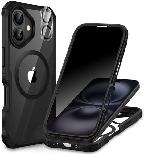 CENHUFO Magnética Antiespia Funda iPhone 16, Compatible con MagSafe Integrado Privacidad Cristal Templado Protector Pantalla y Protector cámara, 360 Grados Antigolpes Carcasa Capa Doble Case -Negro
