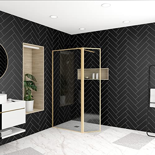 Marwell Walk In Dusche Golden Frame 200x90cm - Duschwand mit schwenkbarer Flügeltür 180° - mit 5mm Einscheibensicherheitsglas - hochwertige Aluminiumrahmen in gebürsteter Goldoptik