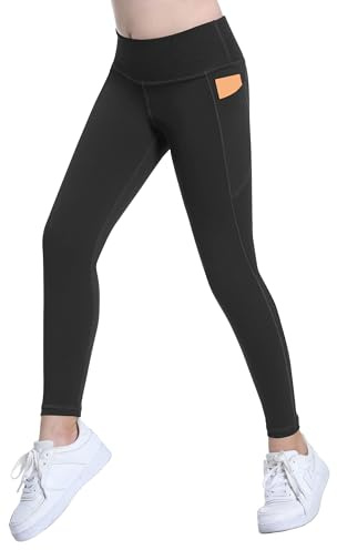 FEOYA Aktiva leggings för flickor, full längd, ungdom, dans, löpning, yogabyxor, atletisk kompressionstights för 5-11 år, Svart, 8-9 År