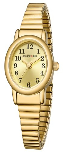 GOLDEN HOUR Kleine Armbanduhr Damen Analog Quarz Leicht Ablesbare Uhr Damen mit Edelstahl-Dehnarmband, Rundes Gehäuse, 12 Stunden wasserdichte Armbanduhr für Frauen Mädchen