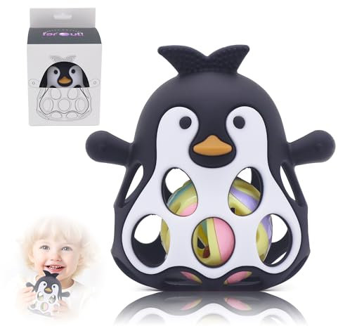 Farout Pinguin Rassel - Beißring Baby & Montessori Spielzeug - Oball Motorikspielzeug Babyrassel für Babyspielzeug ab 3 Monate, Geschenk für Jungen & Mädchen. (Schwarz)