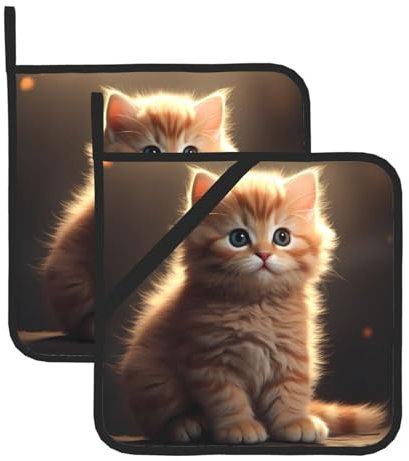 HYTTER Set di 2 presine per la rimozione del coperchio della cucina, spesso, resistente, isolante anti-scottatura, 20,3 x 20,3 cm, simpatico piccolo gatto