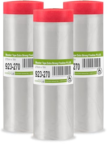 Colorus Abdeckfolie mit Klebeband – 3er Set 270 cm x 16 m – faserverstärktes Goldband Masker Tape – Maler Abdeckfolie mit statisch haftender HDPE-Folie – UV-beständig 120 Tage